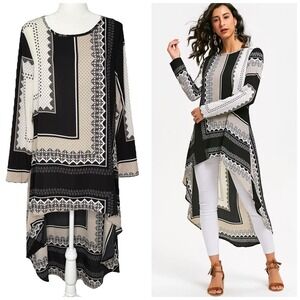 High Low Tunic Shirt Dress 12 Large Artsy‎ Abstract Top Asymmetrical Hem Neutral